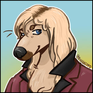 Digital art of an anthro tan dog with long hair and a suit on.