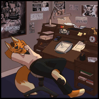 A digital drawing of an anthro fox leaning back in an office chair with his hands behind his head and a pencil hanging out of his mouth. He is sitting in front of a vintage animation desk with a lamp and many small objects on it.